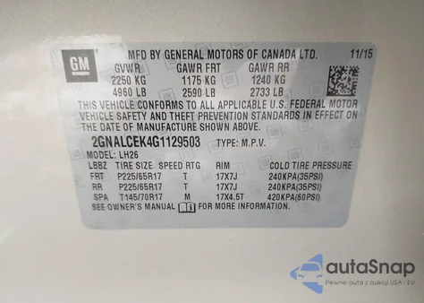 2016 Chevrolet Equinox Lt from USA, damaged, VIN 2GNALCEK4G1129503